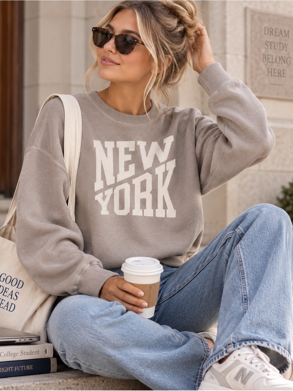 Aerie “New York” Logo 100% Cotton Pullover Sweatshirt in Beige. Medium